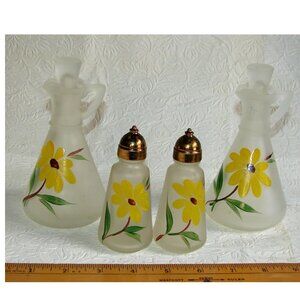 Vtg Frosted Glass Sunflower Oil/Vinegar Cruet + Salt/Pepper SET, Anchor Hocking